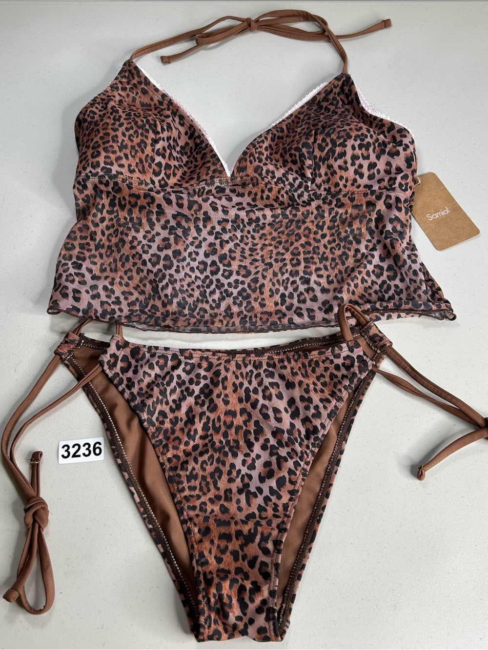 Samiol Tankini Bikini Set Large Brown Leopard Print Mesh Swimwear New